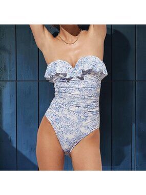 NEW J.Crew Rouched Sweetheart Blue Toile One Piece Swimsuit Ruffle Convertible 6